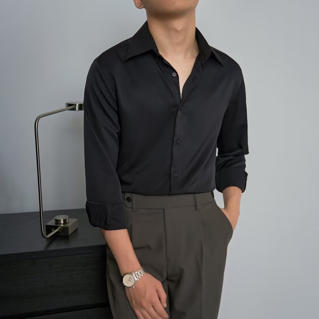 Autumn Black Shirt Men's Long Sleeve Slim Korean Style