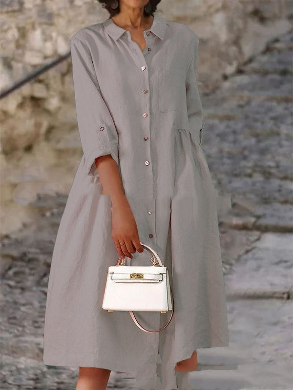 Pure Cotton And Linen Solid Color Loose Pocket Dress - Velerat