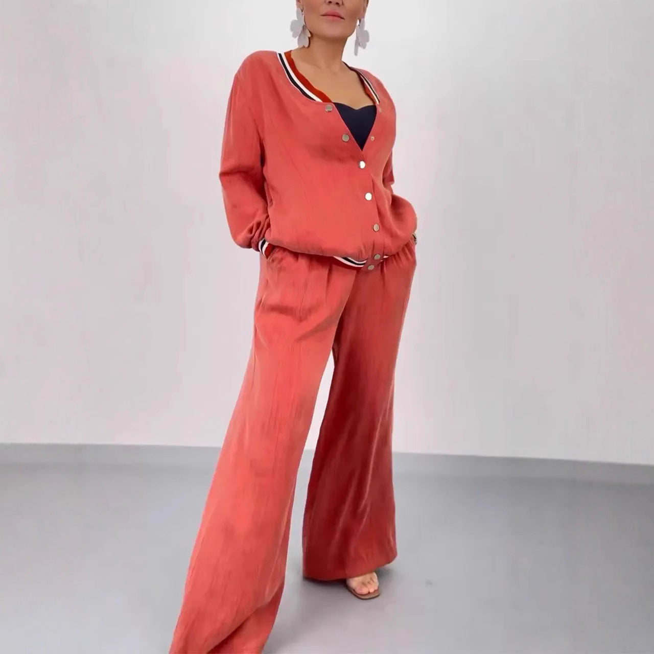 Round Neck Stitching Cardigan Top Wide Leg Pants Casual Women's Suit - Velerat