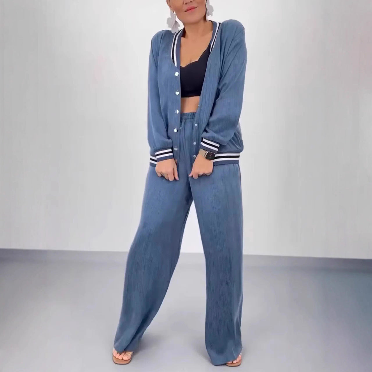 Round Neck Stitching Cardigan Top Wide Leg Pants Casual Women's Suit - Velerat