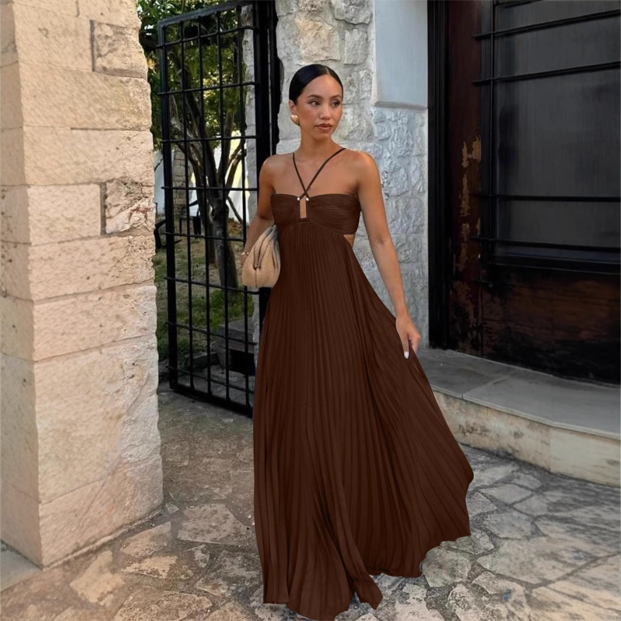 Ins Pleated Sleeveless Sling Dress Hollow High Waist Halter Robe Dresses For Evening Party Club Clothing Women - Velerat