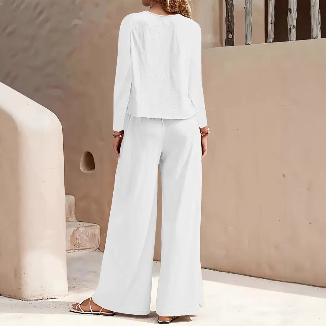 Long Sleeve Loose Wide Leg Pants Suit - Velerat