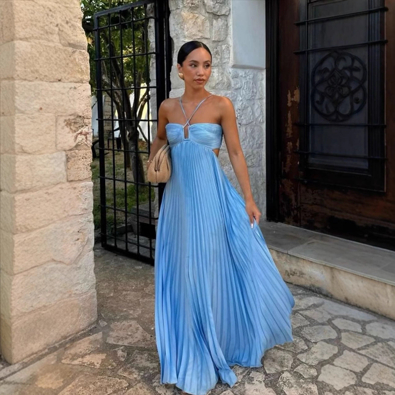 Ins Pleated Sleeveless Sling Dress Hollow High Waist Halter Robe Dresses For Evening Party Club Clothing Women - Velerat