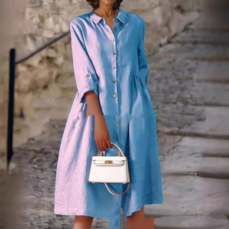 Pure Cotton And Linen Solid Color Loose Pocket Dress - Velerat