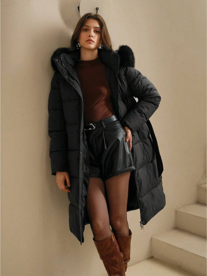 Anewsta Women's Solid Color Long Sleeve Zip Up Hooded Padded Coat With Faux Fur Trim - Velerat