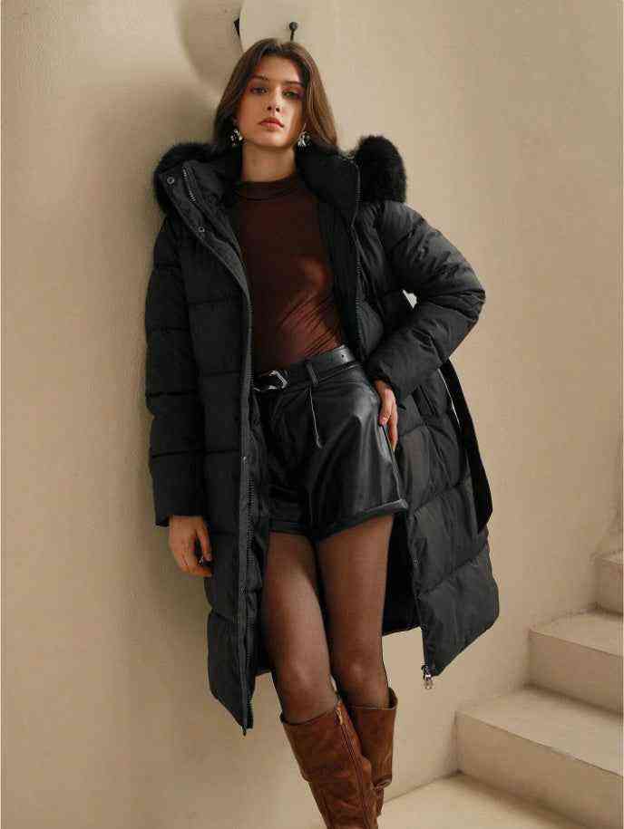 Anewsta Women's Solid Color Long Sleeve Zip Up Hooded Padded Coat With Faux Fur Trim