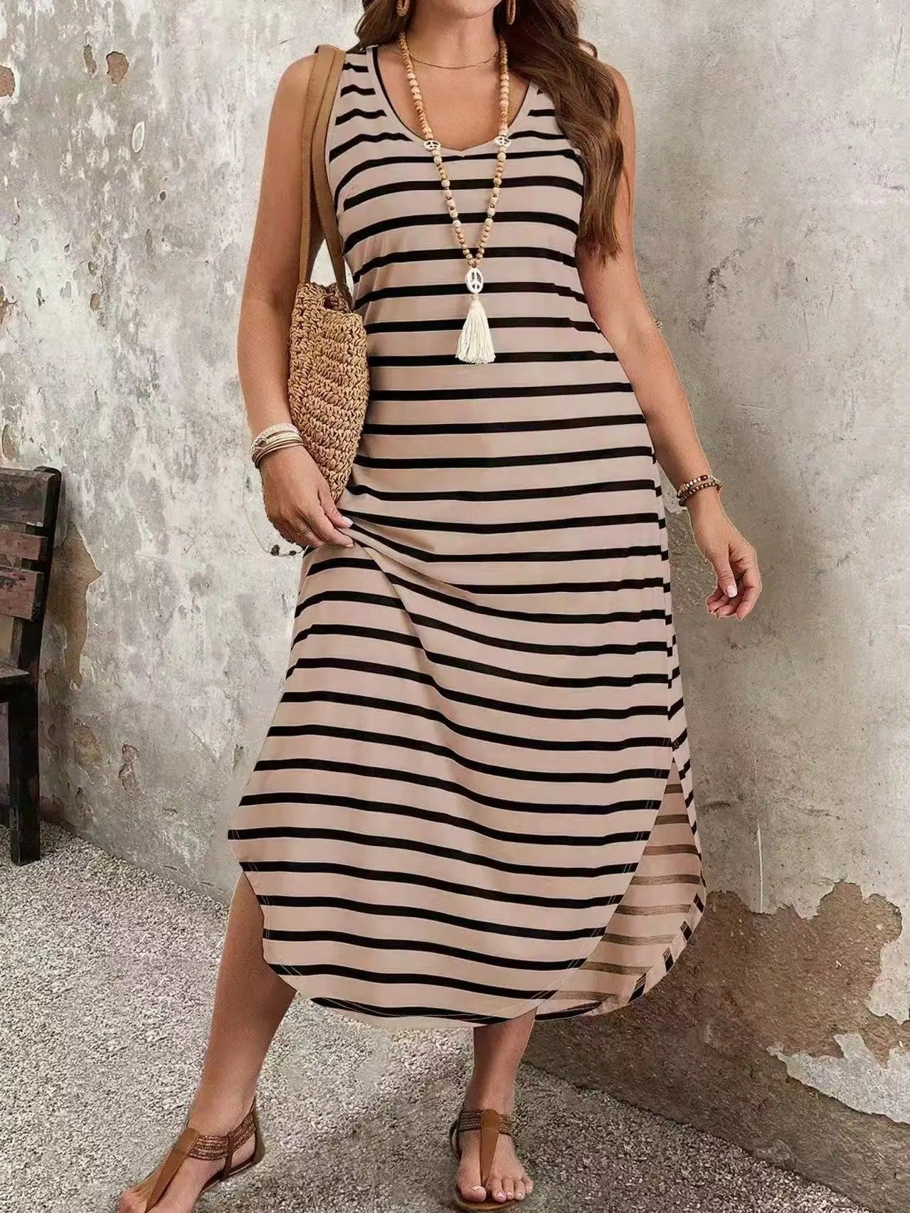 Women's Striped Sleeveless Casual Sexy Beach Dress - Velerat