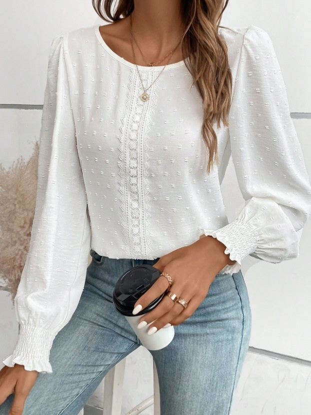 Women's Ruffled Pleated Long Sleeve Round Collar Top Shirt - Velerat
