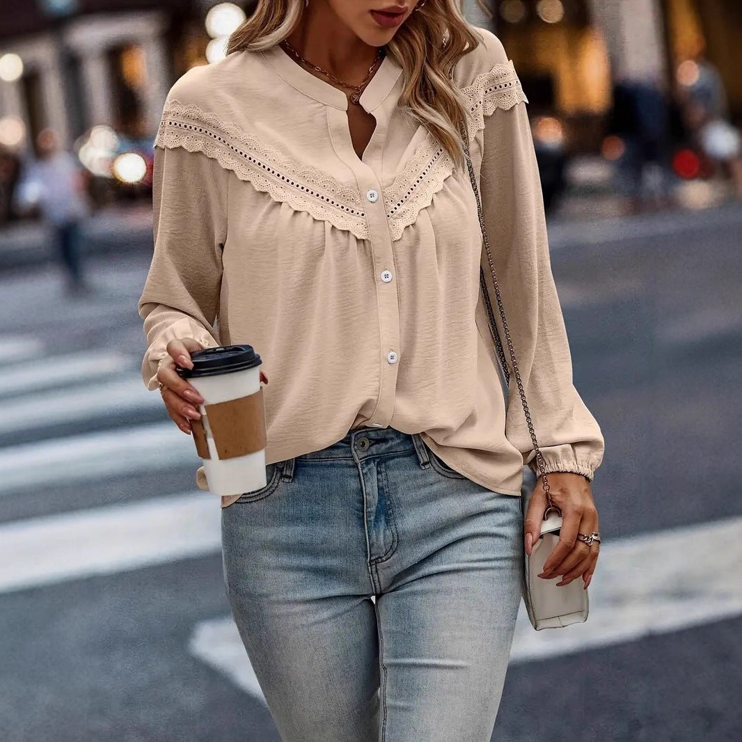 Commuter Lace Patchwork Ruffled Shirt Shirt Long Sleeve - Velerat