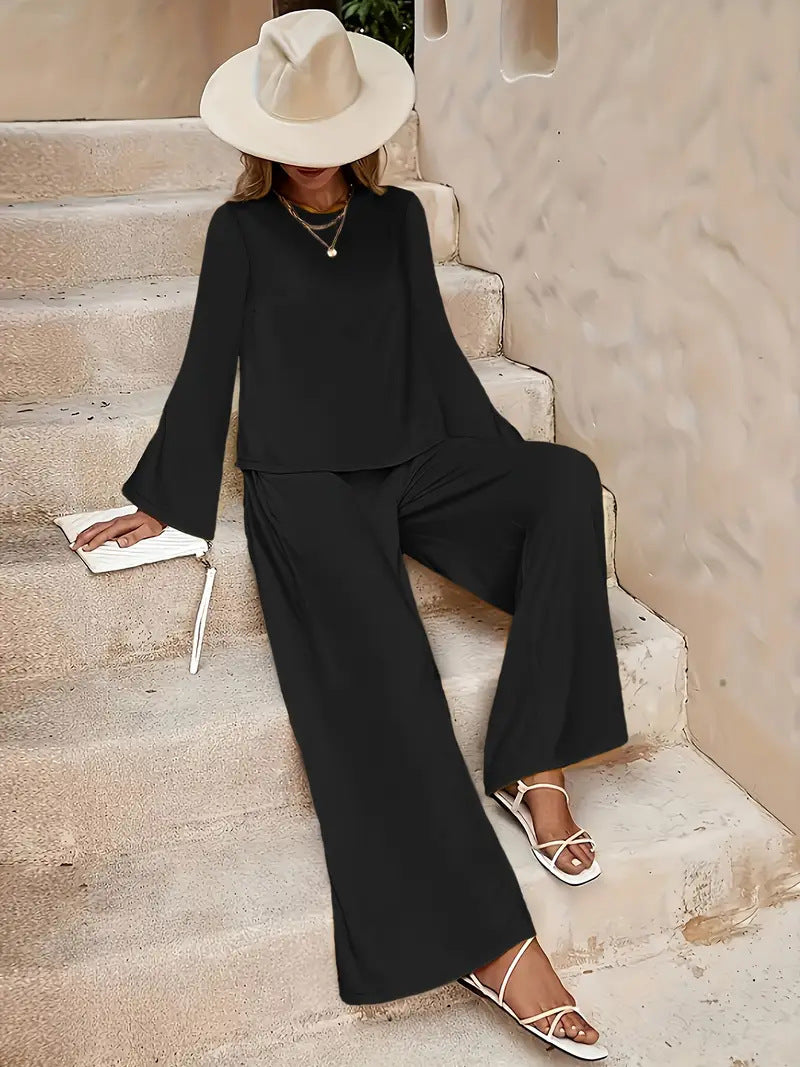 Long Sleeve Loose Wide Leg Pants Suit - Velerat
