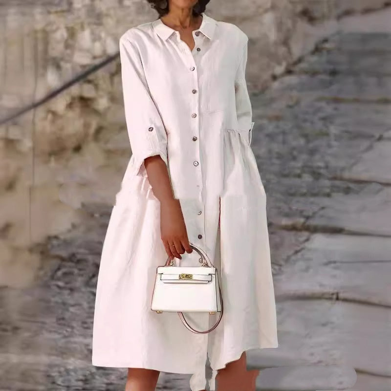 Pure Cotton And Linen Solid Color Loose Pocket Dress - Velerat