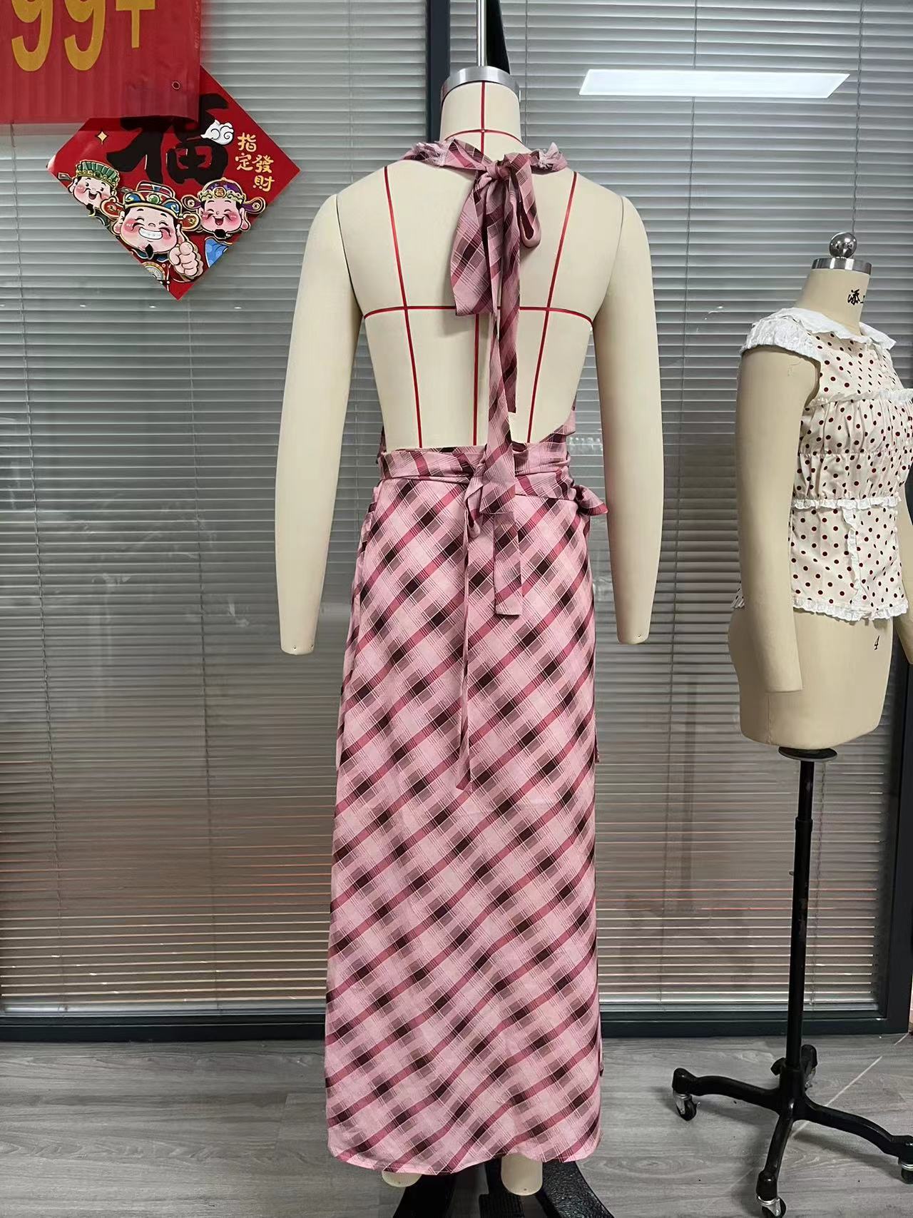Women's Color-contrast Check Patchwork Skirt Suit - Velerat