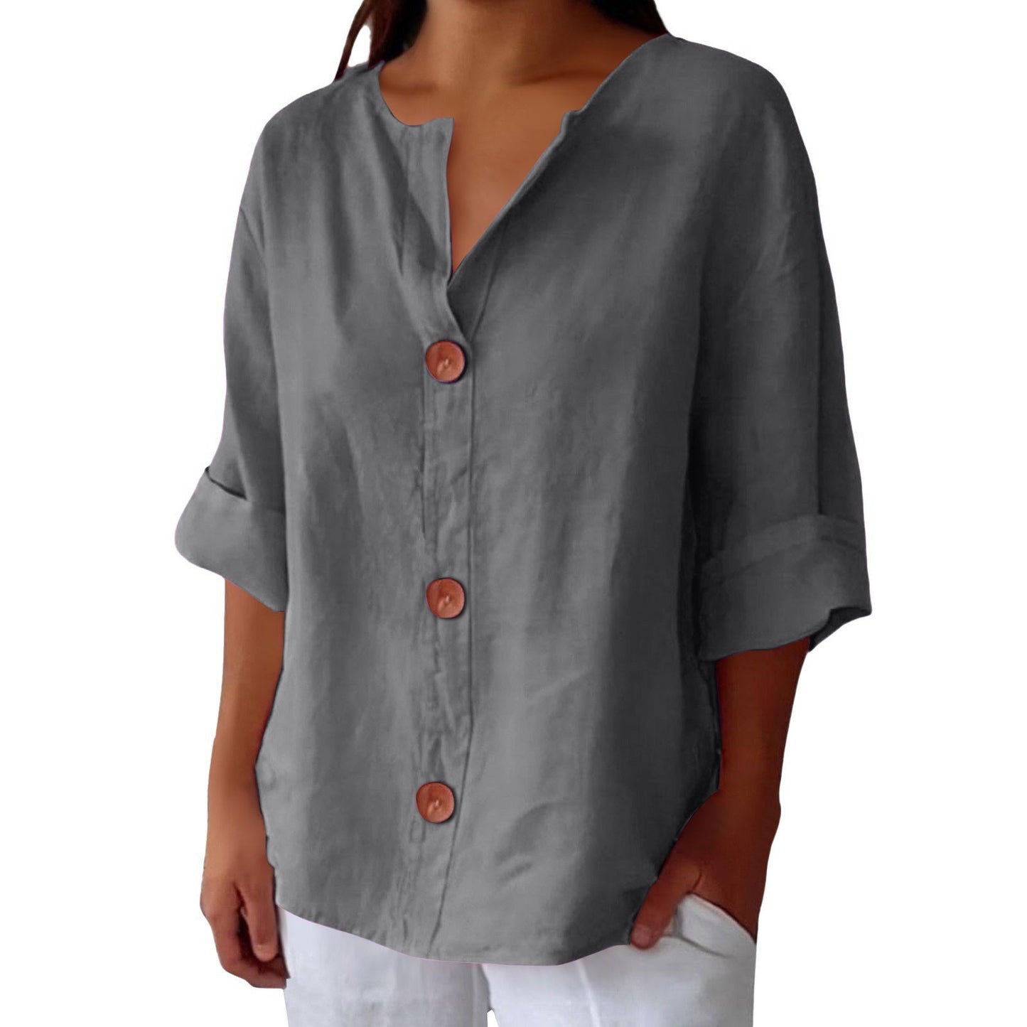 Loose T-shirt Women's V-neck Cotton And Linen Button Top - Velerat