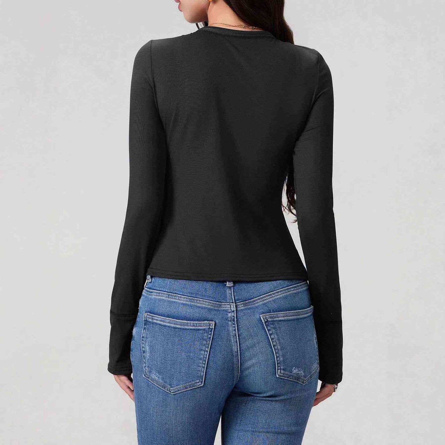 Black V-neck Long Sleeve Top For Women