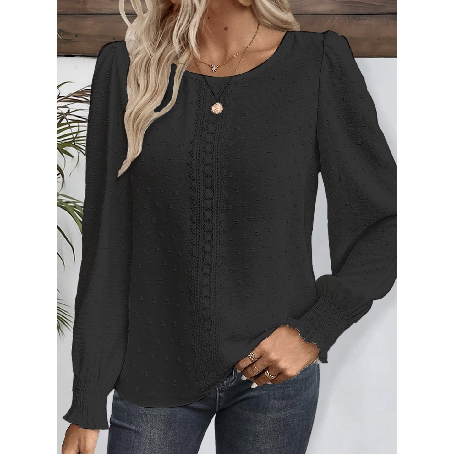 Women's Ruffled Pleated Long Sleeve Round Collar Top Shirt - Velerat