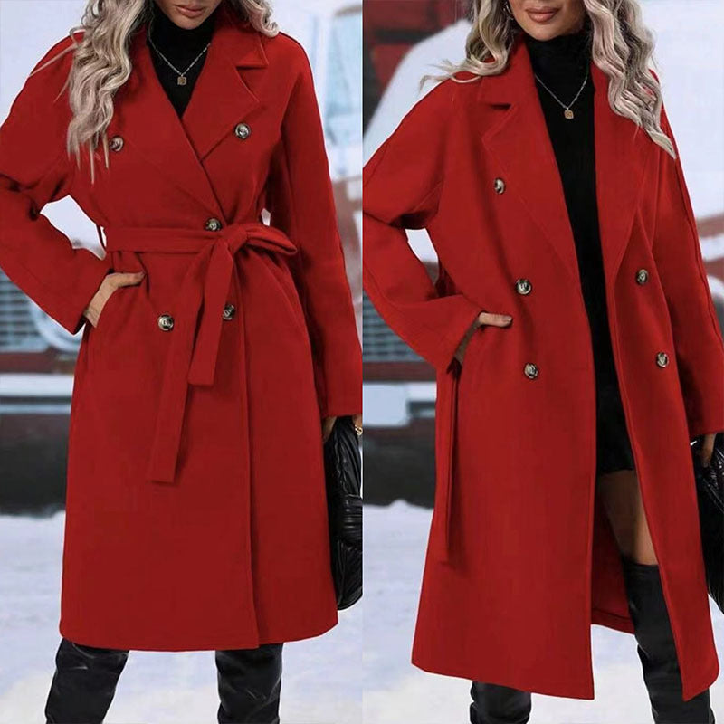 Lapel Double-breasted Trench Coat With Belt Winter Fashion Outwear Women Clothing - Velerat