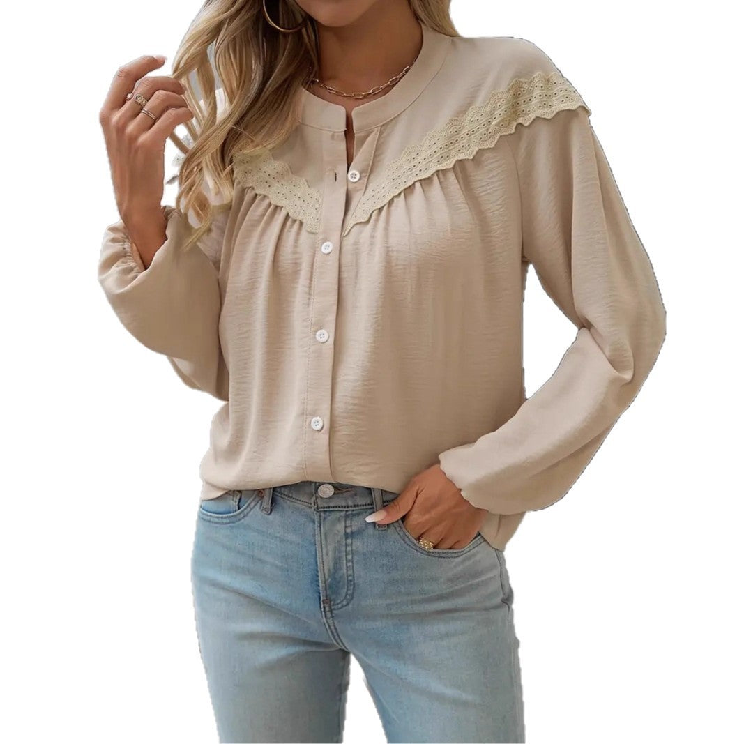 Commuter Lace Patchwork Ruffled Shirt Shirt Long Sleeve - Velerat