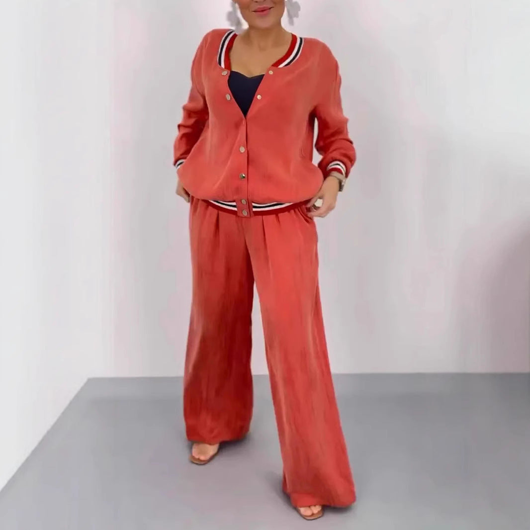 Round Neck Stitching Cardigan Top Wide Leg Pants Casual Women's Suit - Velerat