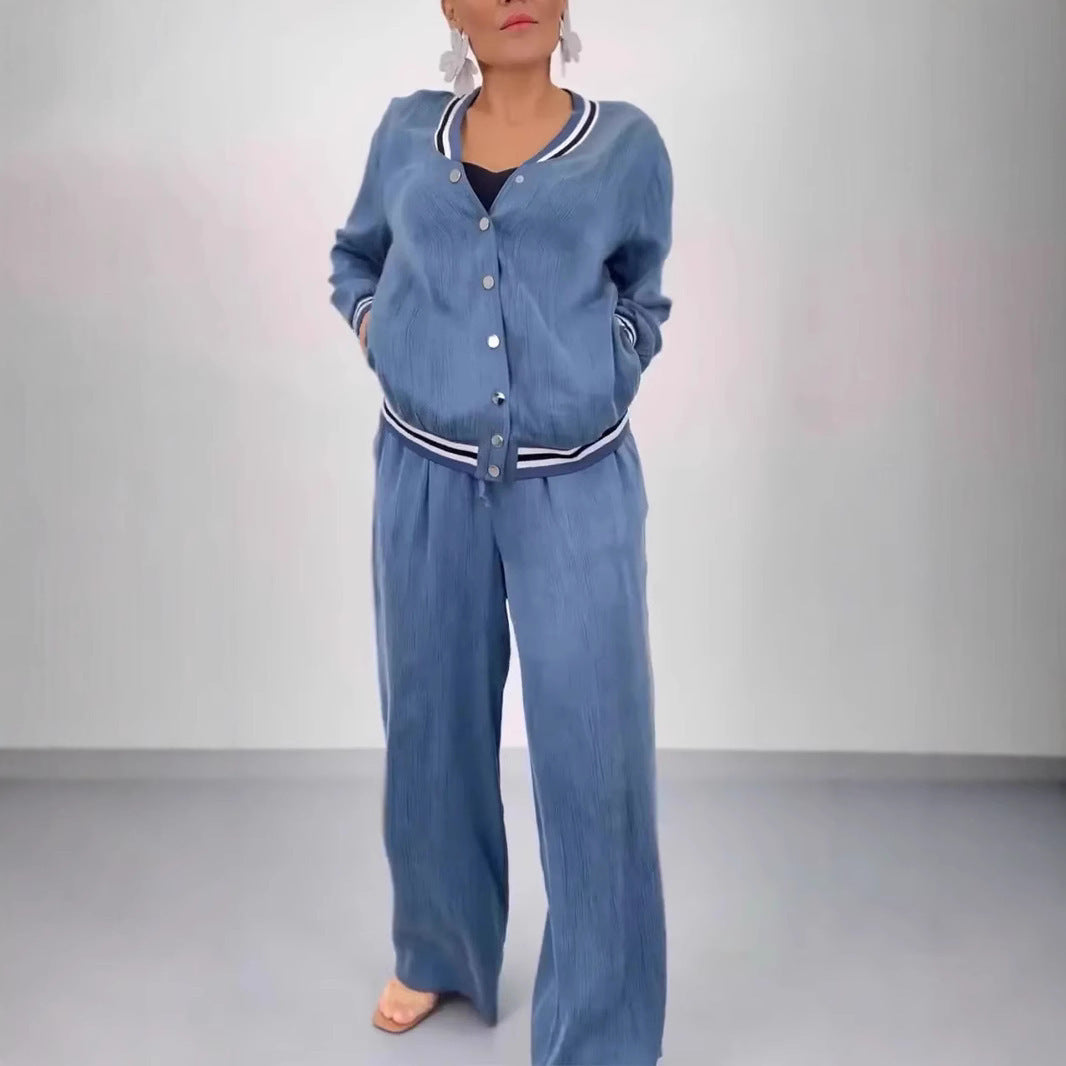 Round Neck Stitching Cardigan Top Wide Leg Pants Casual Women's Suit - Velerat