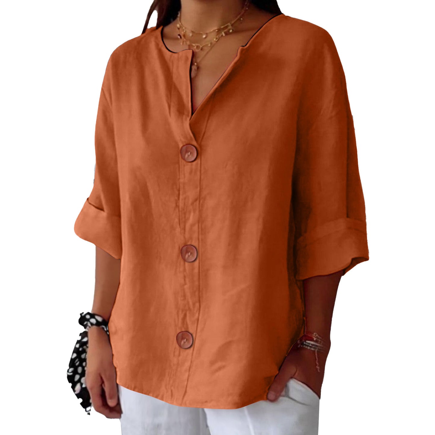 Loose T-shirt Women's V-neck Cotton And Linen Button Top - Velerat
