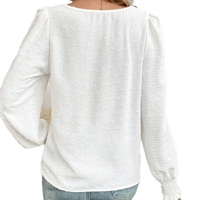 Women's Ruffled Pleated Long Sleeve Round Collar Top Shirt - Velerat