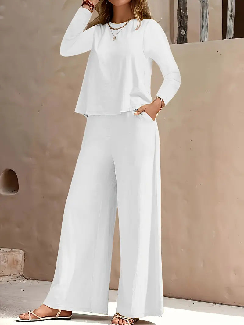 Long Sleeve Loose Wide Leg Pants Suit - Velerat