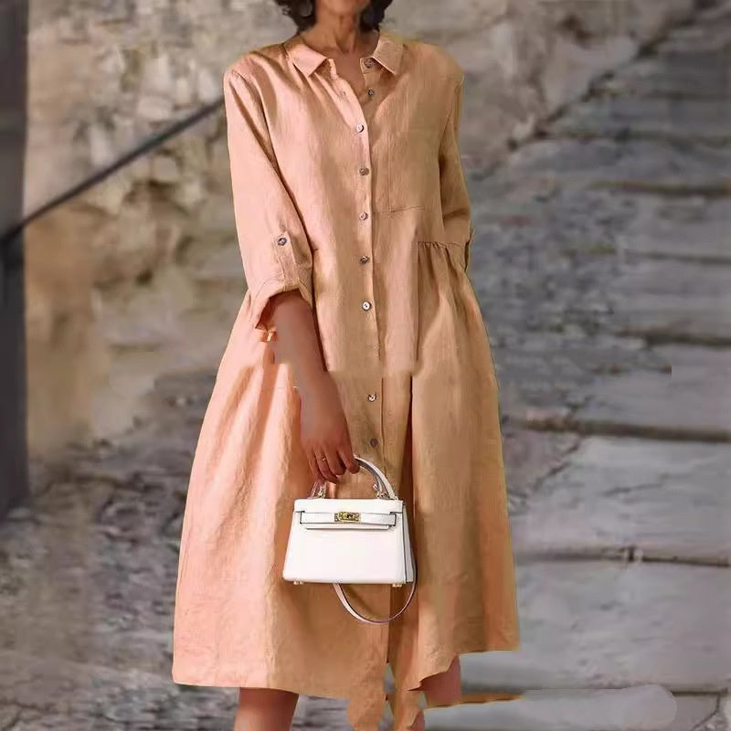 Pure Cotton And Linen Solid Color Loose Pocket Dress - Velerat