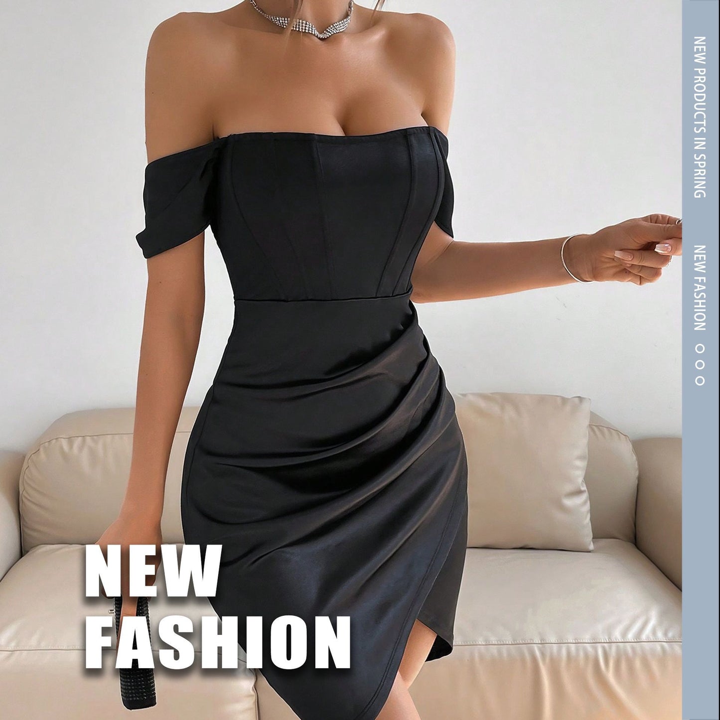 Off-shoulder Collar Spring Women's Mid-length Dress - Velerat