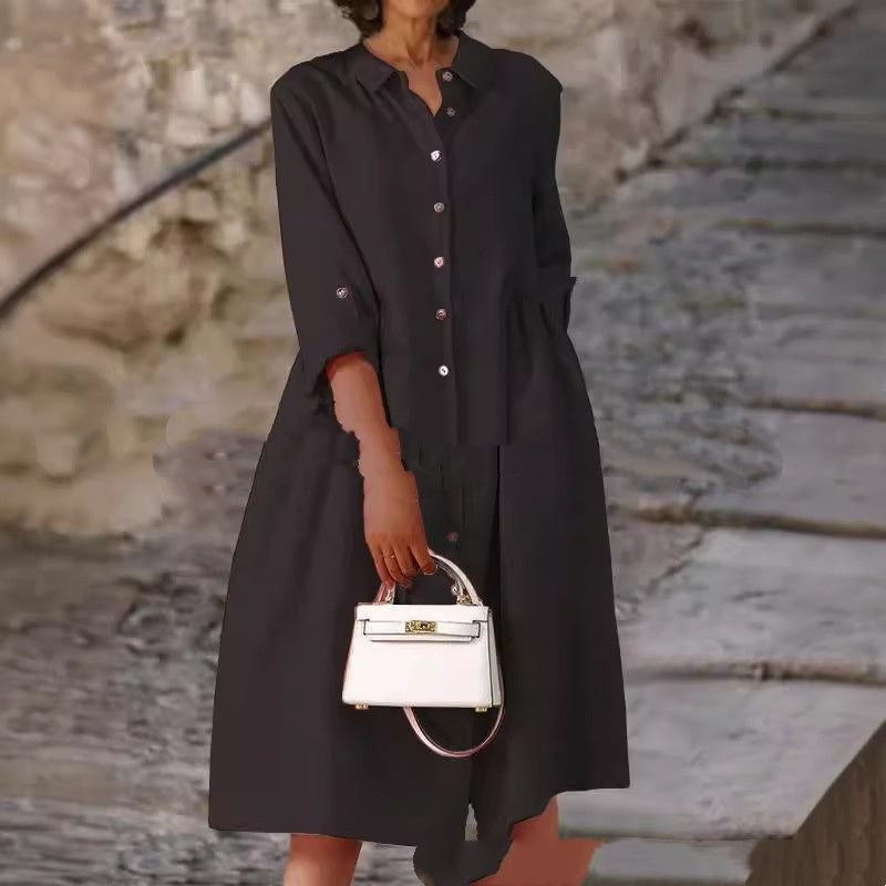 Pure Cotton And Linen Solid Color Loose Pocket Dress - Velerat