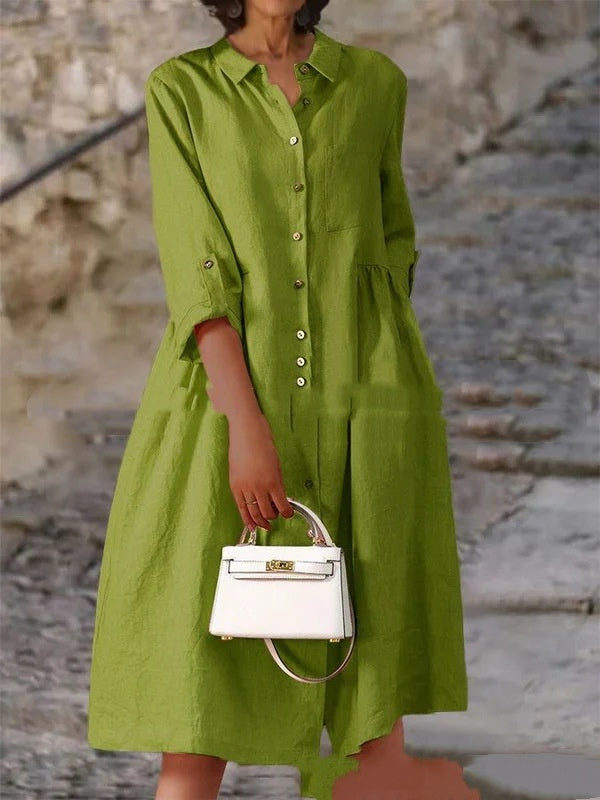 Pure Cotton And Linen Solid Color Loose Pocket Dress - Velerat
