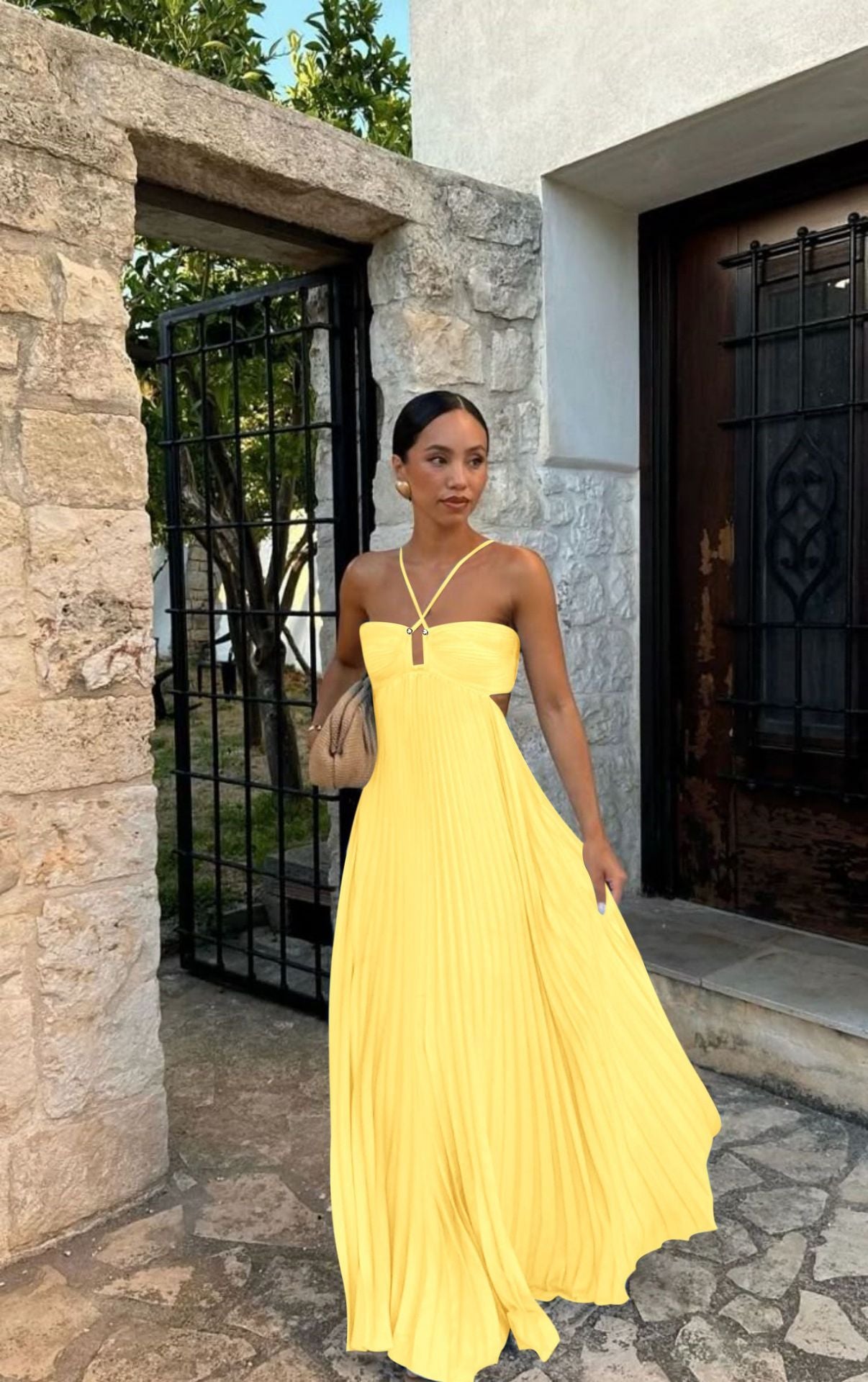 Ins Pleated Sleeveless Sling Dress Hollow High Waist Halter Robe Dresses For Evening Party Club Clothing Women - Velerat