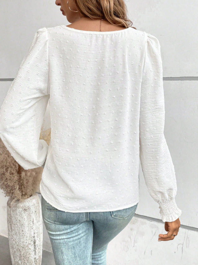 Women's Ruffled Pleated Long Sleeve Round Collar Top Shirt - Velerat