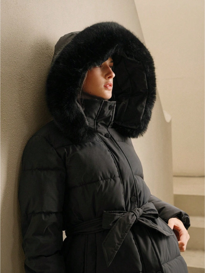 Anewsta Women's Solid Color Long Sleeve Zip Up Hooded Padded Coat With Faux Fur Trim - Velerat