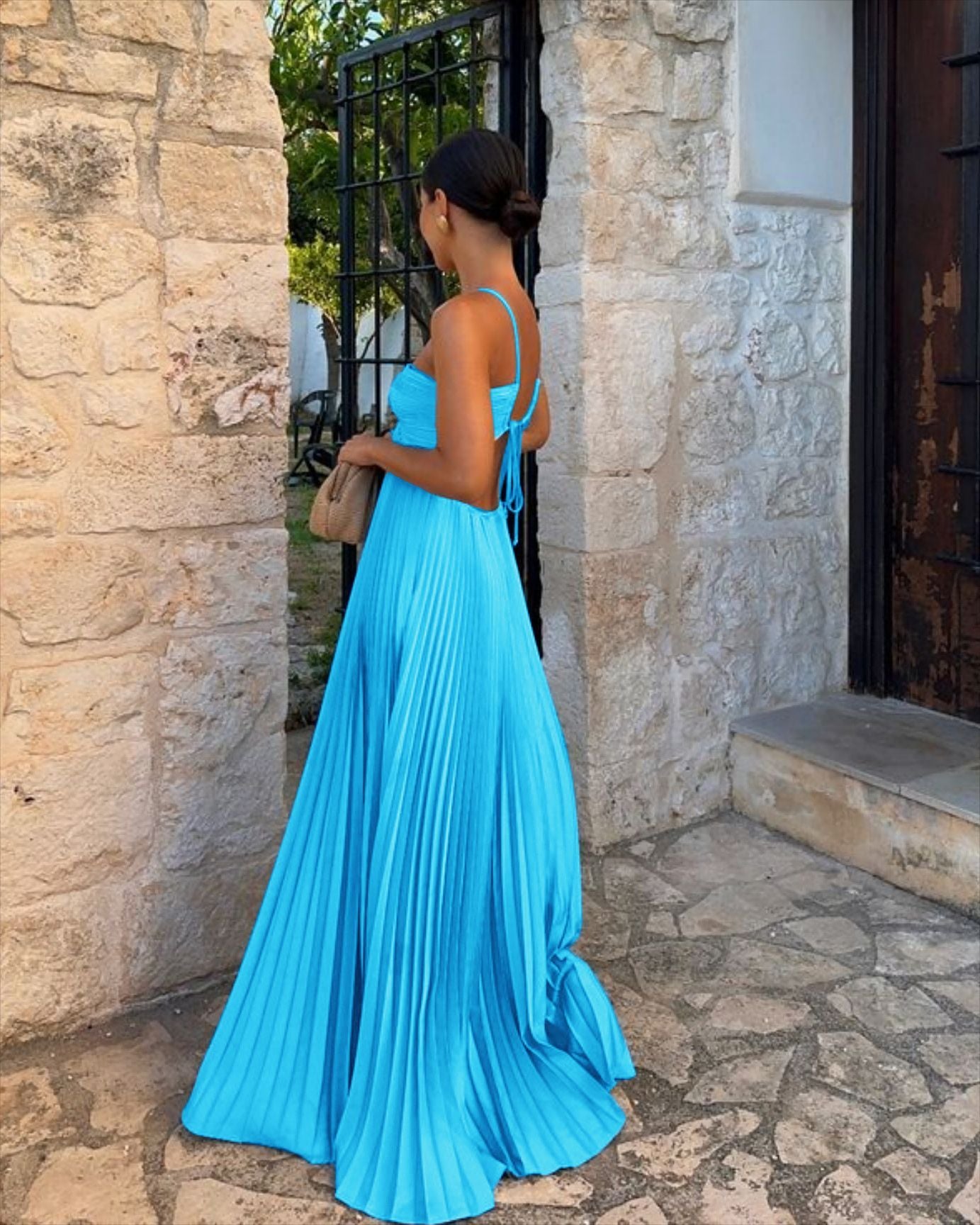 Ins Pleated Sleeveless Sling Dress Hollow High Waist Halter Robe Dresses For Evening Party Club Clothing Women - Velerat