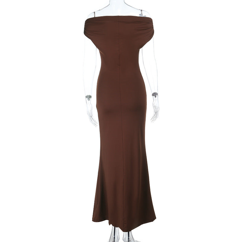Off-shoulder Pleated Slim Fit Sexy Backless Dress Women - Velerat