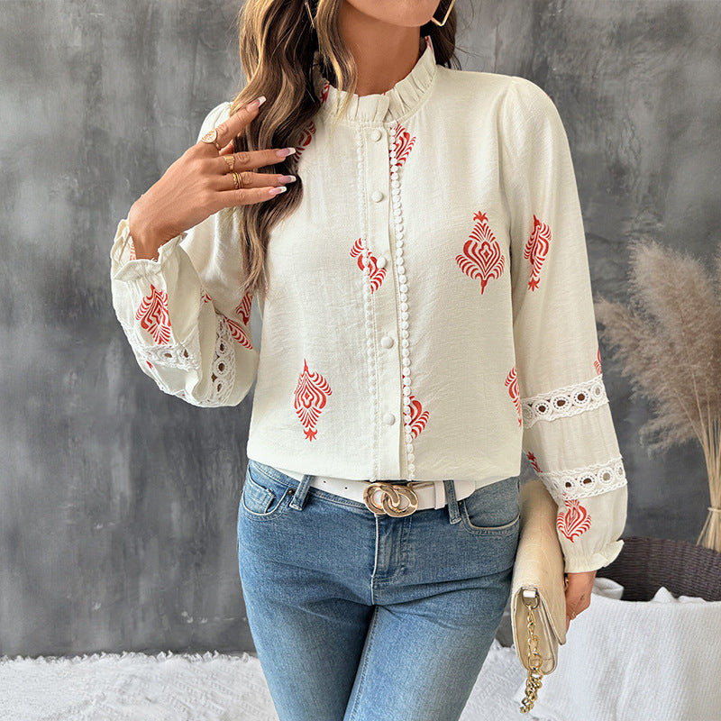 Stand Collar Ethnic Print Shirt For Women - Velerat