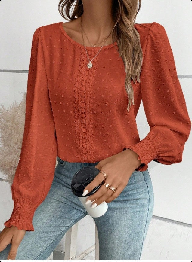 Women's Ruffled Pleated Long Sleeve Round Collar Top Shirt - Velerat