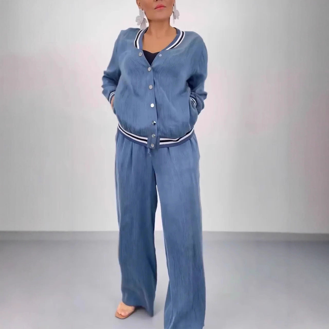 Round Neck Stitching Cardigan Top Wide Leg Pants Casual Women's Suit - Velerat