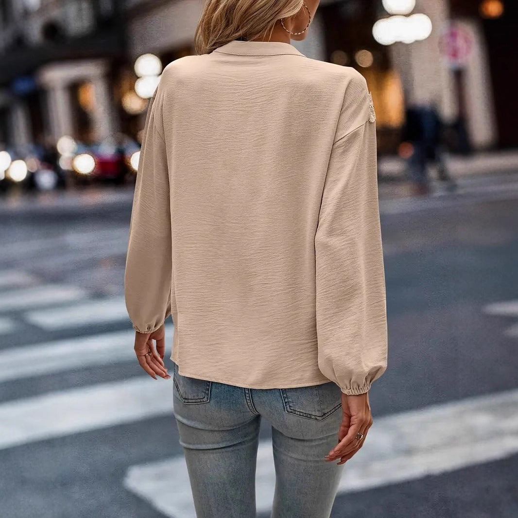Commuter Lace Patchwork Ruffled Shirt Shirt Long Sleeve - Velerat