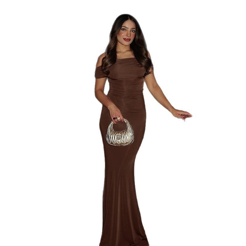 Off-shoulder Pleated Slim Fit Sexy Backless Dress Women - Velerat