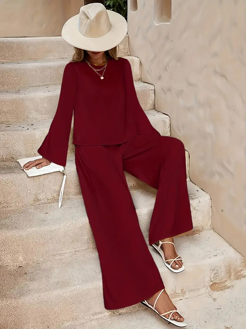 Long Sleeve Loose Wide Leg Pants Suit - Velerat