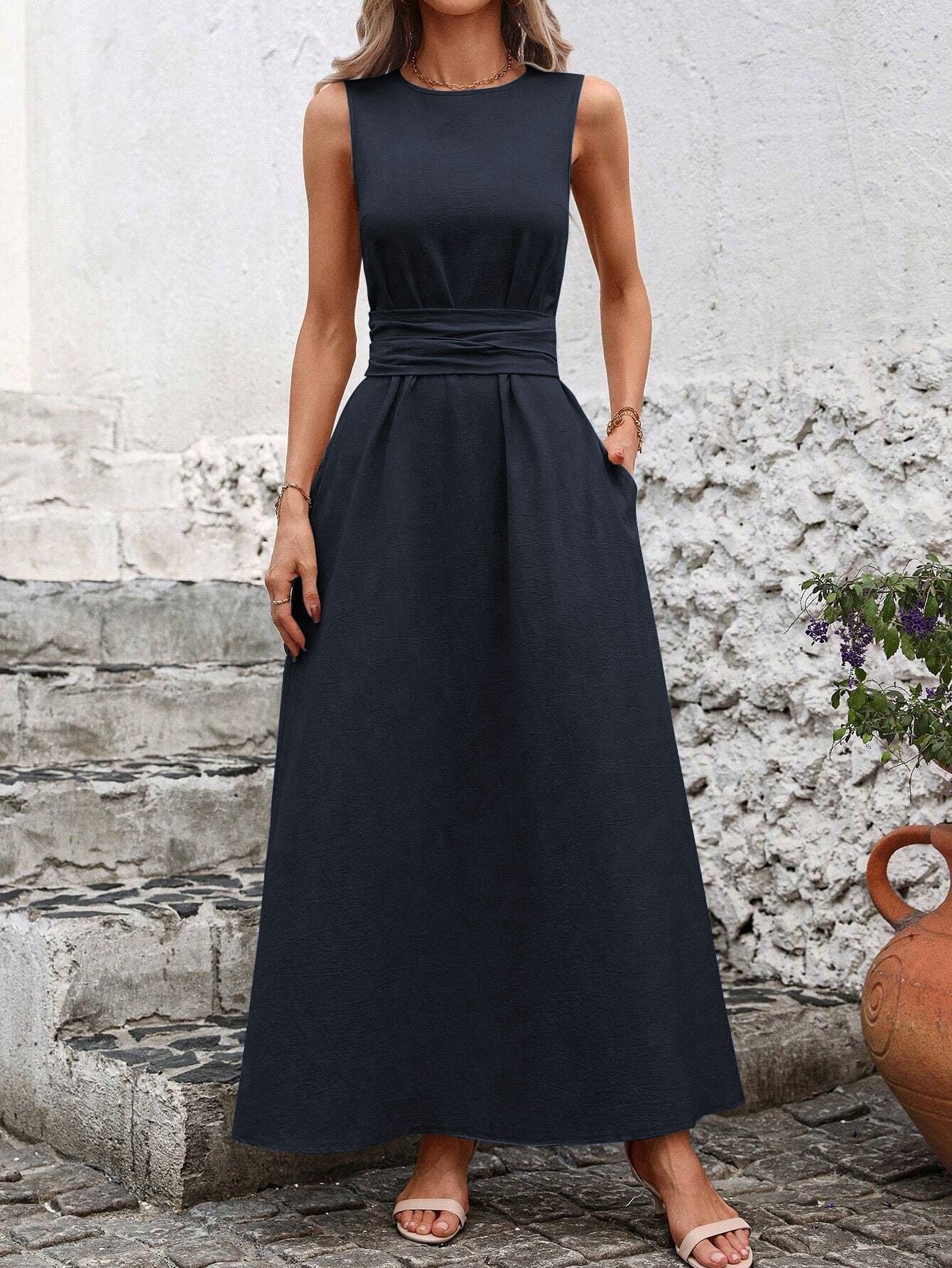 Women's Solid Color Round Neck Sleeveless Loose Casual Dress - Velerat