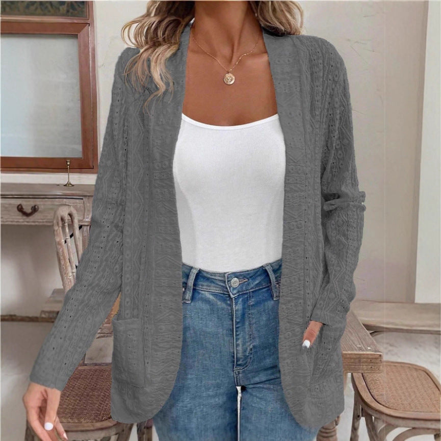 Jacquard Hollowed Leisure Stitching Long-sleeved Cardigan - Velerat