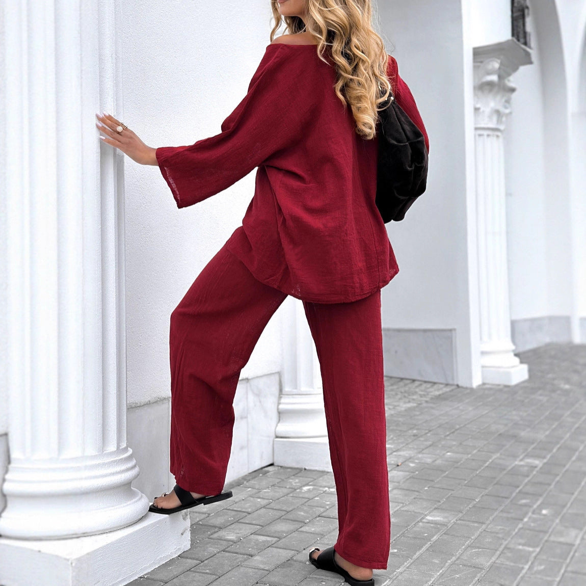 Round Neck Cotton And Linen Top Casual Lace Up Loose Pants Suit - Velerat