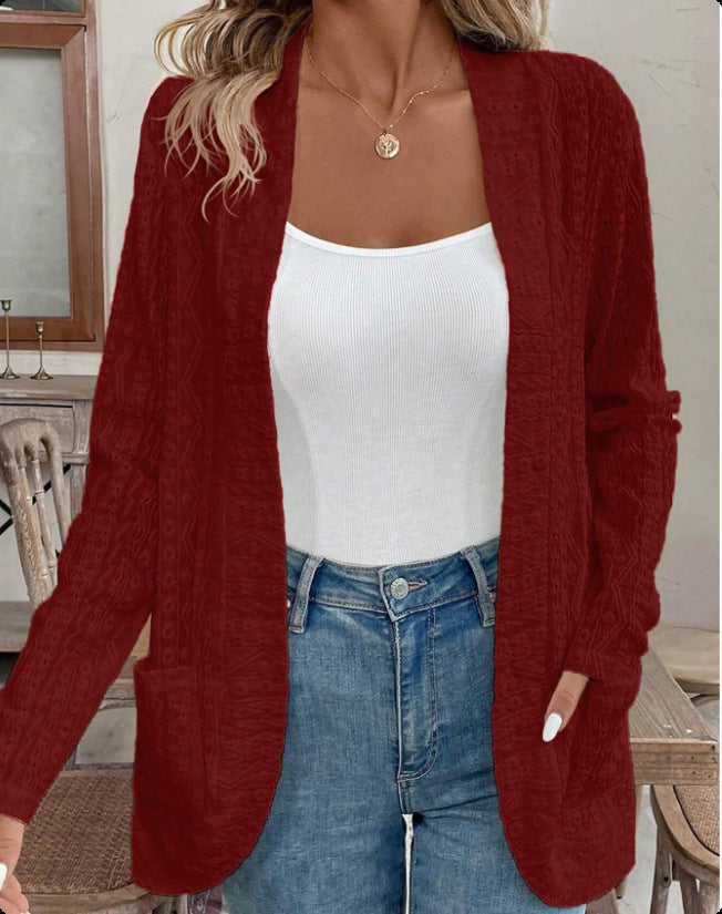 Jacquard Hollowed Leisure Stitching Long-sleeved Cardigan - Velerat