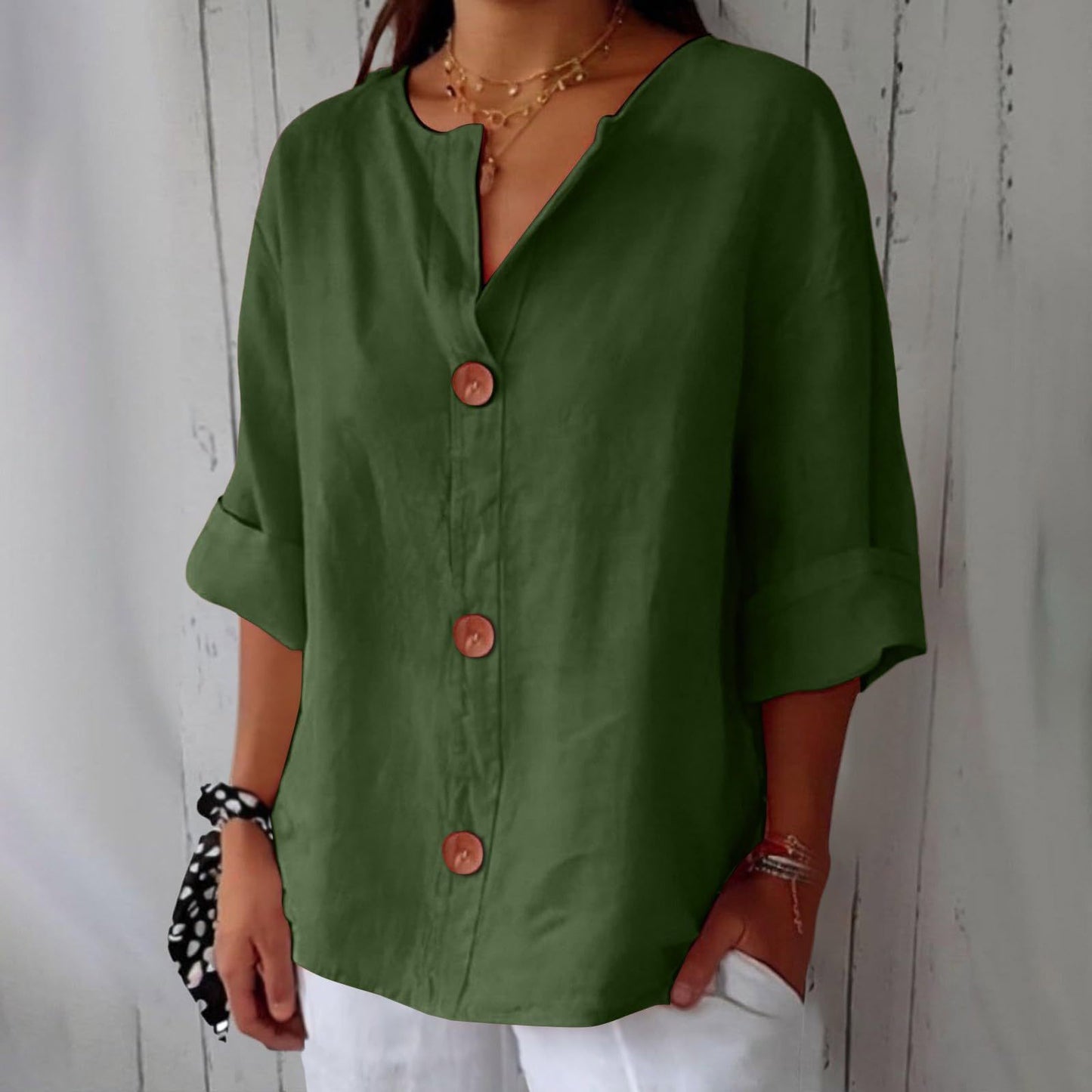 Loose T-shirt Women's V-neck Cotton And Linen Button Top - Velerat
