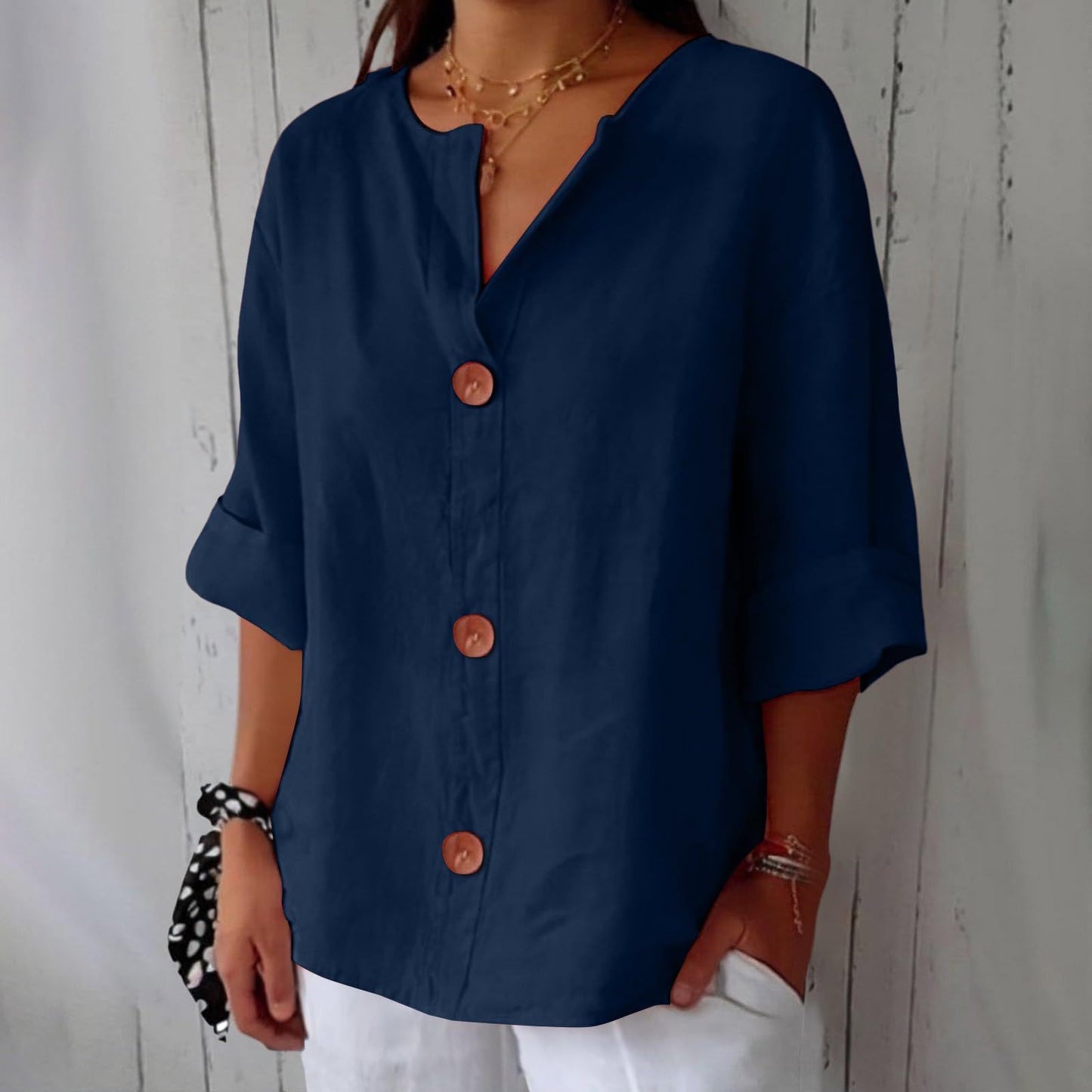 Loose T-shirt Women's V-neck Cotton And Linen Button Top - Velerat