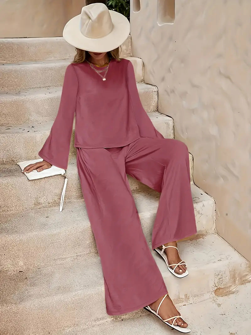 Long Sleeve Loose Wide Leg Pants Suit - Velerat