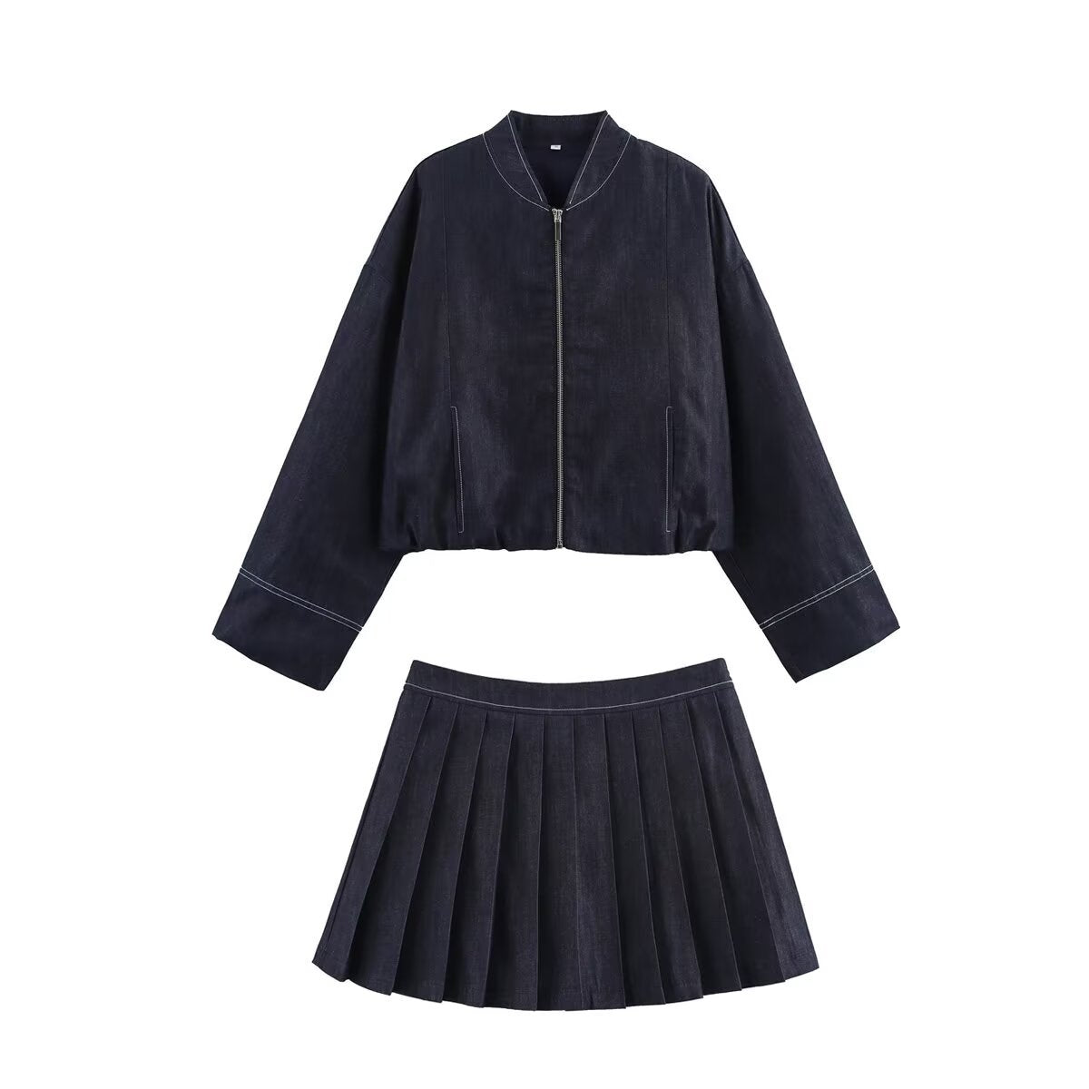 Denim Pilot Jacket Wide Pleated Denim Skirted Leggings - Velerat