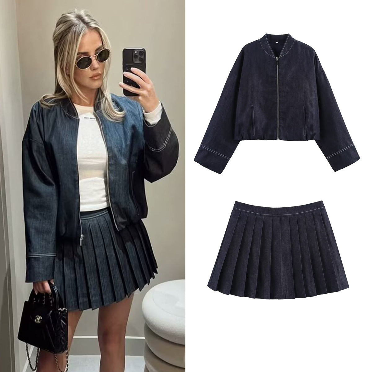 Denim Pilot Jacket Wide Pleated Denim Skirted Leggings - Velerat